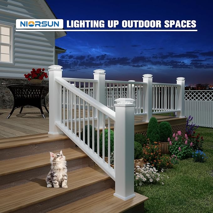 NIORSUN Solar Post Lights Outdoor, Fence Post Solar Lights Cool White, Waterproof, Garden Patio Fence Deck Decor, 4x4 Posts Cap Wood Vinyl, 5x5 Vinyl, White 6 Pack