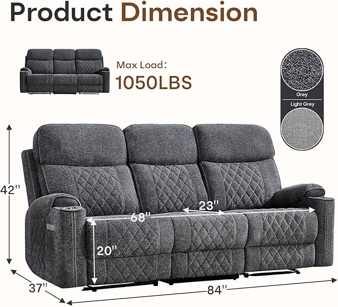 HAOMARKETS Power Oversized Reclining Sofa Couch with Cup Holders, Breathable Fabric 3-Seater Electric Recliner Couches with USB and Type-C Charging Ports for Living Room, Dark Grey