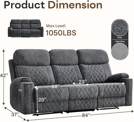 HAOMARKETS Power Oversized Reclining Sofa Couch with Cup Holders, Breathable Fabric 3-Seater Electric Recliner Couches with USB and Type-C Charging Ports for Living Room, Dark Grey