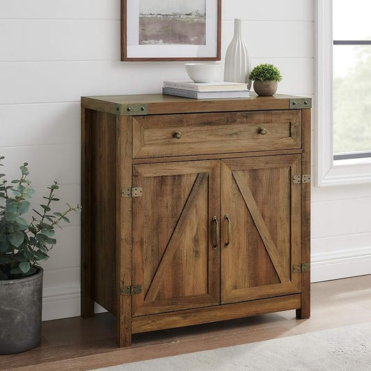 Walker Edison Cass Modern Farmhouse Double Barn Door Accent Cabinet, 30 Inch, Rustic Oak, Without Fireplace