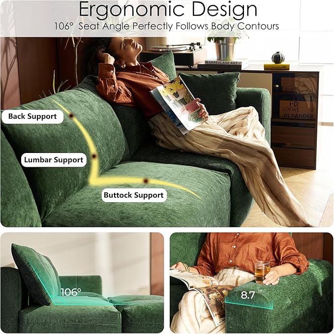 LINSY HOME Cloud Couch Sectional, Modular Sofa Sectionals for Living Room Bedroom, 91" L Shape Love Seat Couch with Ottoman, 2 Seater Deep Seat Cozy Couch Luxury Chenille Sofas, Green