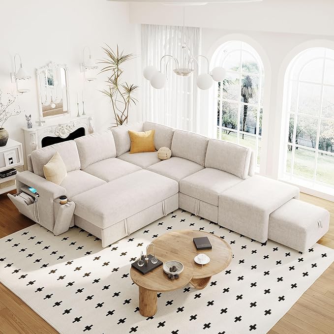 Ball & Cast 90.6" Convertible Sectional Couches Fabric Sofa Set with Pull Out Bed,L-Shaped Modular Padded Cloud w/Storage Space and USB Ports & Cup Holders on The Armrests,for Living Room,Beige