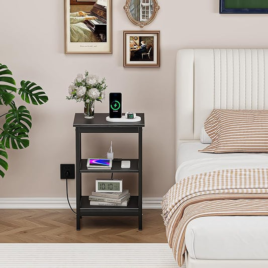 VECELO End Table with Charging Station and USB Ports, Small Wood Nightstand Modern Style, 24" Tall Living Room Side Table with 3-Tier Storage Shelves for Small Spaces, Office, Bedroom, Classic Black