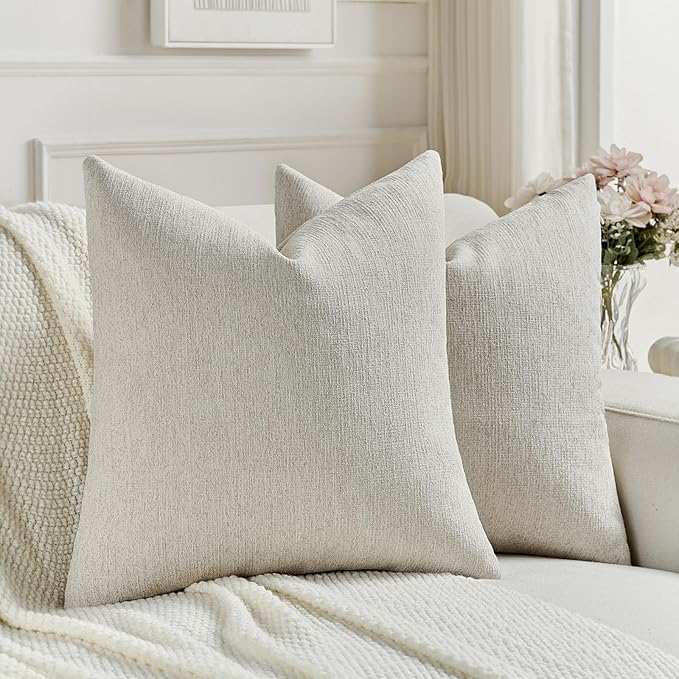 FUTEI Natural Wood Chenille Decorative Throw Pillow Covers 20x20 Inch Set of 2,Soft Cozy Faux Linen Textured Cushion Case,Farmhouse Home Decor for Couch Living Room