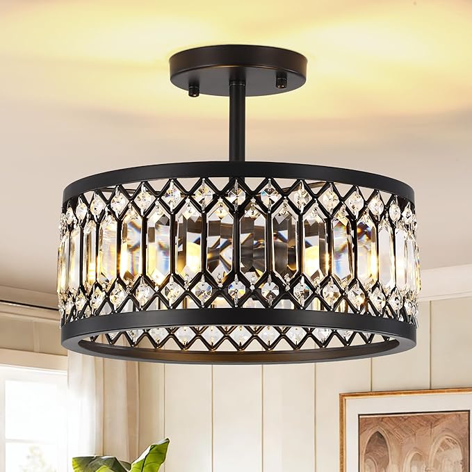 12.6" Crystal Semi Flush Mount Ceiling Light Fixture, 3-Light Antique Black Hallway Light Fixtures, Round Chandelier for Bathroom Entryway Closet Bedroom Kitchen Dining Room