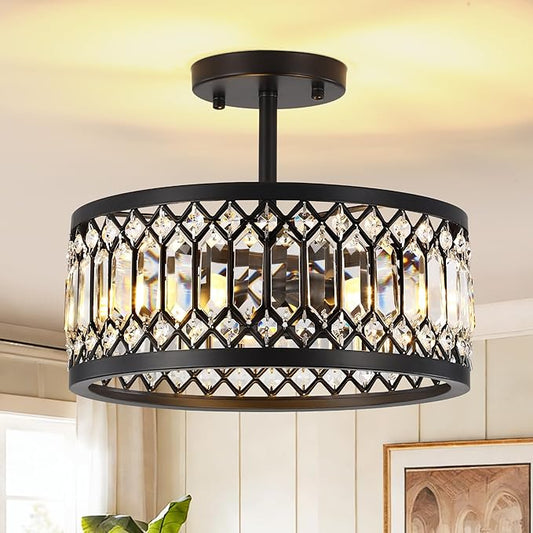 12.6" Crystal Semi Flush Mount Ceiling Light Fixture, 3-Light Antique Black Hallway Light Fixtures, Round Chandelier for Bathroom Entryway Closet Bedroom Kitchen Dining Room
