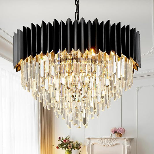 24" Modern Black Crystal Chandeliers 5-Tier 10 Lights Ceiling Light Fixture K9 Crystal Hanging Pendant Ceiling Light for Dining Room Living Room Bedroom Entryway