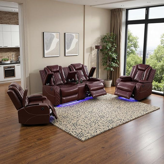 Power Leather Recliner Sofa Set with LED Light,Reclining Loveseat and 2*Chairs Set with Storage Console/USB Port/Cup Holder,Leather Couch for Living Room Furniture Sets(2+1+1 Seats,Burgundy)