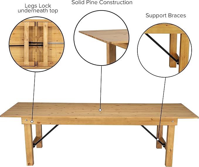 Flash Furniture Hercules Commercial Grade Farmhouse Dining Table | Solid Pine Foldable Table for 10 in Antique Rustic Light Natural | Rustic Charm for Home and Events