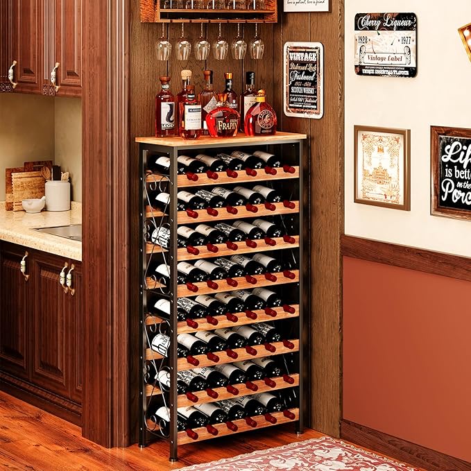 Sonyabecca 48 Bottles Wine Rack Freestanding Floor with Wood Top, 8 Tier Wine Bottle Holder, Wine Storage for Kitchen Pantry, Tall Wine Bar Stand Shelf Display 25.2''L X 10.7''W X 47.2''H