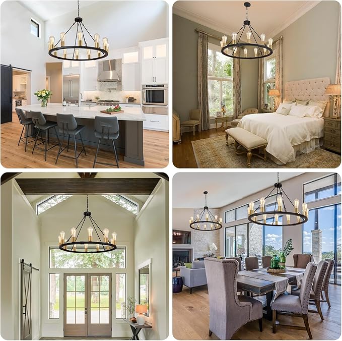 31.5“ 12 Light Wagon Wheel Chandelier Black Gold, Farmhouse Chandelier, Rustic Dining Room Light Fixture, Vintage Round Pendant Lighting for Kitchen Living Room Dining Room Foyer