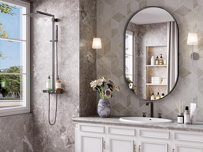 Black Oval Mirror for Bathroom, 24 x 36 Inch Oval Bathroom Vanity Mirror for Wall, Wall Mounted Metal Frame Mirror for Bedroom Living Room Entryway, Wall Decor, Hangs Horizontal or Vertical