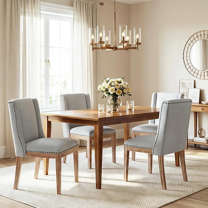 Dining Chair Set of 4, Upholstered Fabric Kitchen Side Chairs with Solid Wood Legs, Comfortable Seating for Kitchen, Dining Room & Restaurant, Grey