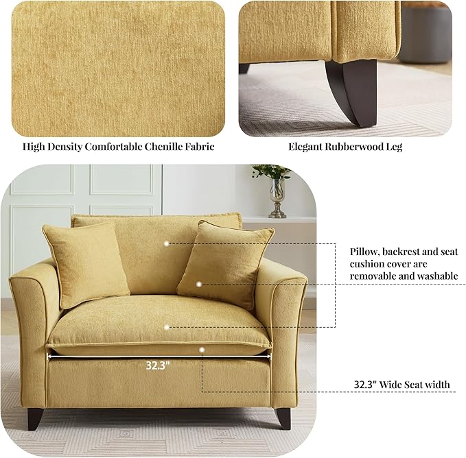 Merax 46.3" Chenille Accent Chair, Oversized Reading Armchair w/2 Pillows, Modern Corner Single Cloud Sofa Arm Chairs, Comfortable Living Room Deep Cushion Seating for Office & Apartment, Pale Yellow