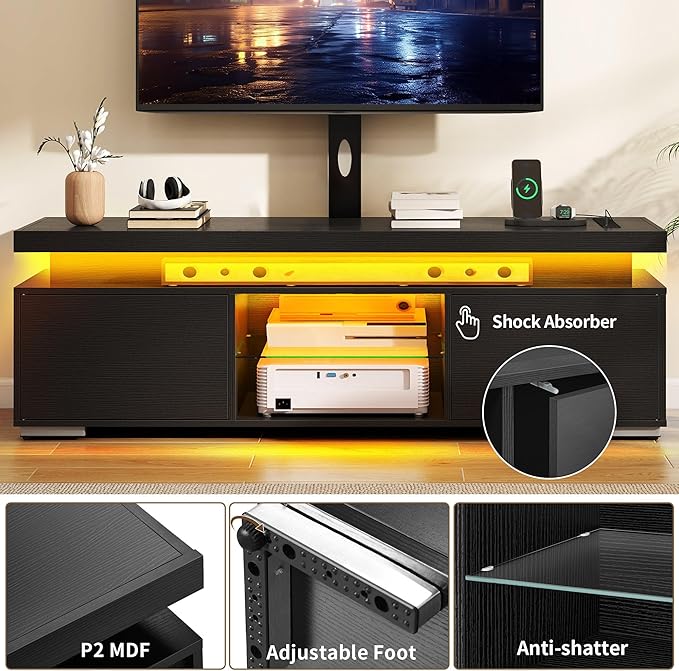 DWVO TV Stands for Living Room, Modern TV Stand for 70/65 inch TV with Mount & Power Outlet, LED Black Entertainment Center with Storage, Gaming Media Stand, Black