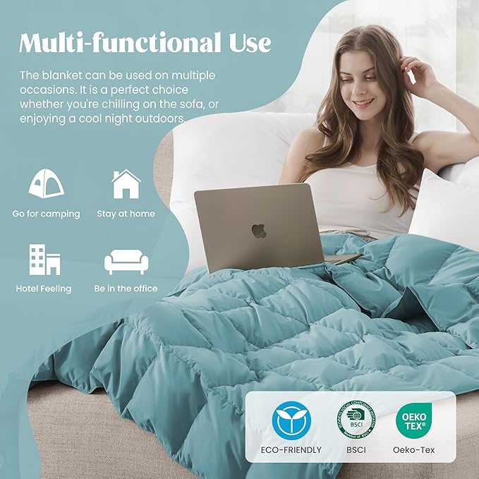 puredown® Soft Feather Down Blanket Lightweight Packable Down & Feather Fill Blanket for Indoor and Outdoor Use, King Size Blankets, Sea Blue