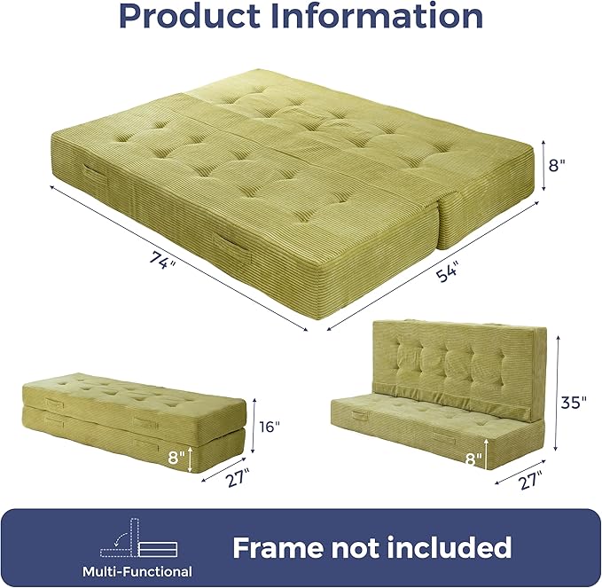MAXYOYO 8" Foldable Floor Sofa Bed, Tufted Foldable Couch Bed Thick Folding Mattress with Handles, Versatile Folding Sofa Couch for Floor Sleeping, Living Room & Guest Room, Green