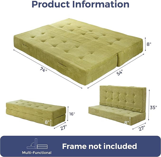 MAXYOYO 8" Foldable Floor Sofa Bed, Tufted Foldable Couch Bed Thick Folding Mattress with Handles, Versatile Folding Sofa Couch for Floor Sleeping, Living Room & Guest Room, Green