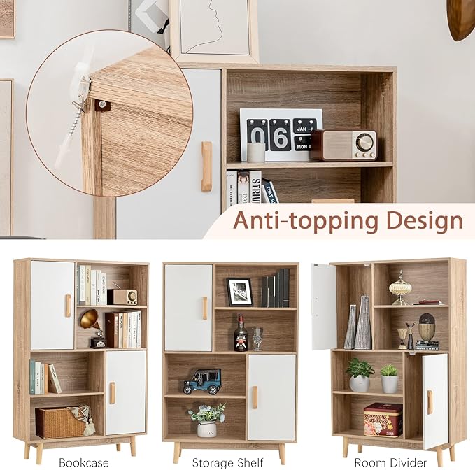 Giantex Storage Cabinet with Legs, Floor Cabinet with Doors, Shelves, Anti-Tipping Device, 4-Tier Bookshelf for Books & Photos, Tall Cupboard in Living Room, Kitchen Buffet Sideboard