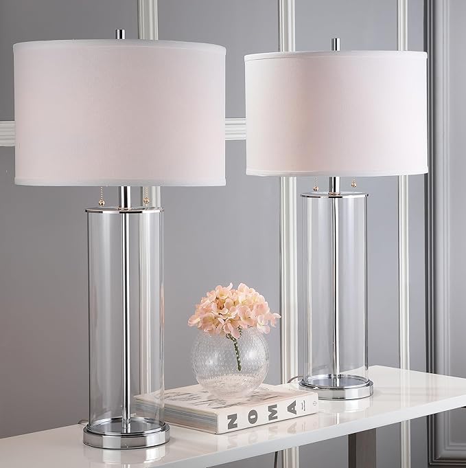 SAFAVIEH Lighting Collection Velma Modern Contemporary Clear Glass Pull Chain 31-inch Bedroom Living Room Home Office Desk Nightstand Table Lamp Set of 2 (LED Bulbs Included)