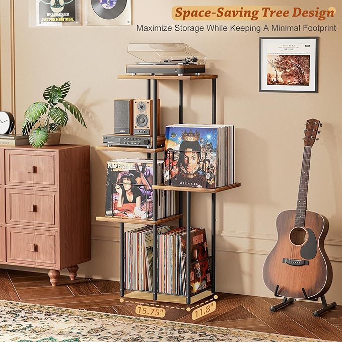 Record Player Stand, Vinyl Record Storage Holder with Display Shelf, Turntable Stand Table with Vinyl Organizer Dividers Album Rack, Vintage Style Record Cabinet Wood, Mid Century Modern Tall Console