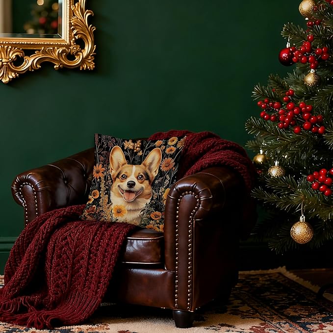 William Morris Inspired-Vintage Floral Corgi Pillow Covers 18x18, Corgi Lovers Mom Gifts, Moody Dark Cottagecore Botanical Corgy Dog Decorative Pillow Covers for Home Living Room Bedroom