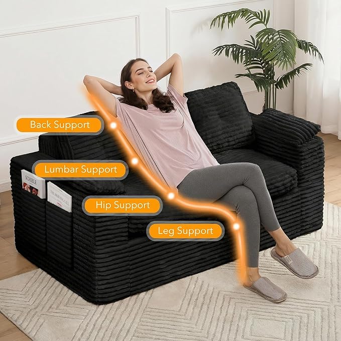 Boneless Loveseat Sofa, 60in Cloud Couch Sofa for Living Room 2 Seater Modern Lounge Sleeper Couch with Removable Cover Corduroy with Armrest, Seat Cushion & Pillows for Small Spaces, Black