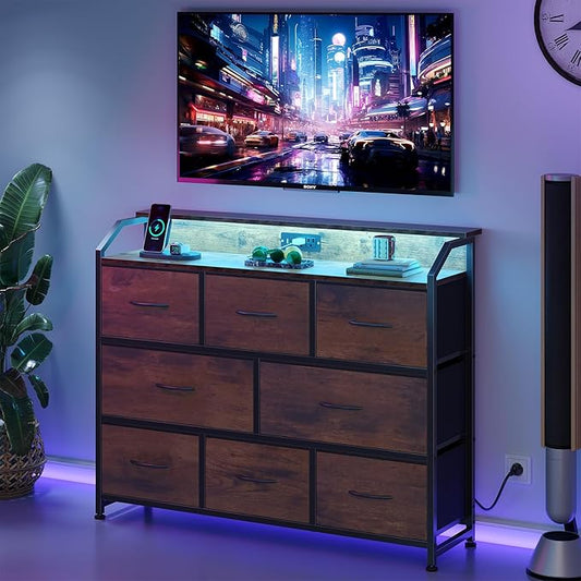 DUMOS TV Stand Dresser with 8 Fabric Drawers, 8-Drawer Chest of Drawers with APP Control LED Lights and Type-C Charging Station, Fabric Storage Tower TV Stand for Living Room, Brown