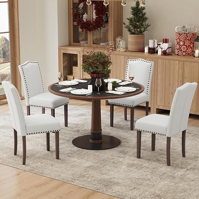 Dining Chairs Set of 4, Soft Comfortable Upholstered Parsons Chairs with High-Density Cushion & Solid Wood Legs, Classic Nailhead Trim for Dining Room, Kitchen, Living Room – Beige