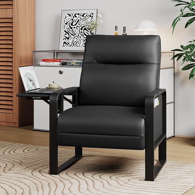 Upholstered Living Room Chair Armchair Set of 2, Mid Century Faux Leather Metal Accent Chair, Reception Couch Slipper Club Lounge Chair Guest Comfy Single Sofa with Sidetable-Black