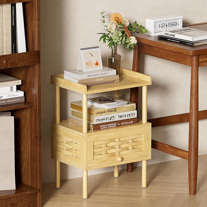 Amazer Bamboo Nightstand with Charging Station, Bedside Table with USB Ports & Outlets, End Table, Night Stand for Bedroom Lift-Up Drawer & Open Shelf, Natural Color