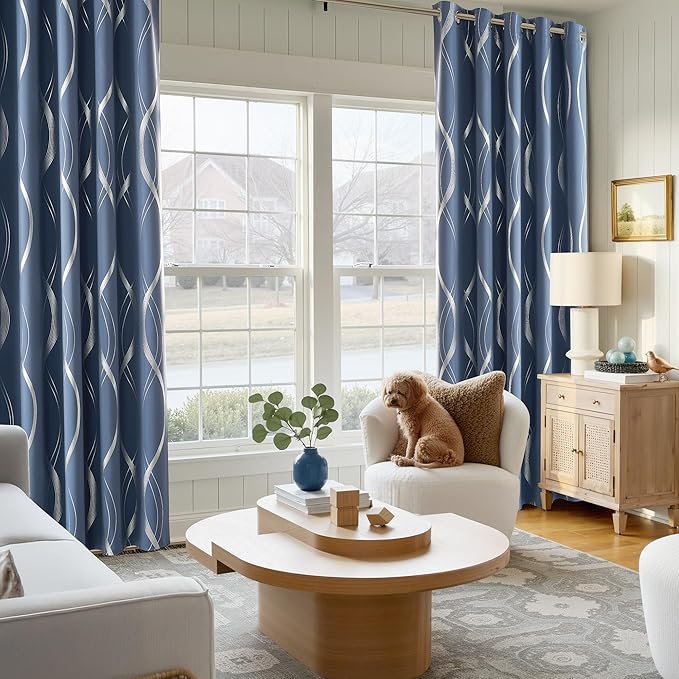 NICETOWN Stone Blue Blackout Living Room Curtain Panels 84 inch Long, W66 x L84, Noise Reducing Thermal Insulated Wave Line Foil Print Design Drapes for Patio Sliding Glass Door, 2 Panels