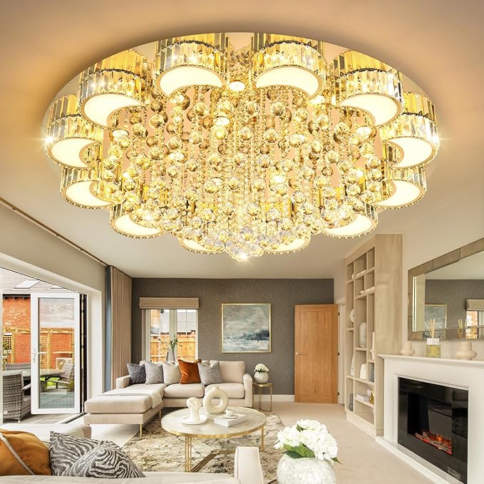 47'' Gold Modern Crystal Chandeliers for Dining Room LED Dimmable Light Fixtures Flush Mount Light Living Room Bedrooms