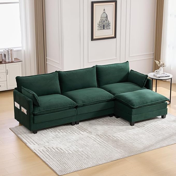 103" Oversized Modular Sectional Sofa Couch with Reversible Ottoman, Free Combination Convertible Corner Couch,Corduroy Upholstered Cloud Sectional Couch with Side Pockets | Multiple Cushions, DIY Combination, Removable Cover