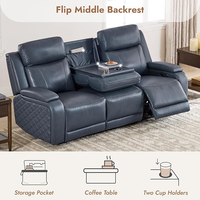 Watson & Whitely Genuine Leather Power Recliner Sofa with Console, 3 Seater Zero Gravity Reclining Sofa with Power Headrest & Flip Middle Backrest Table, Cup Holders for Living Room, Navy Blue