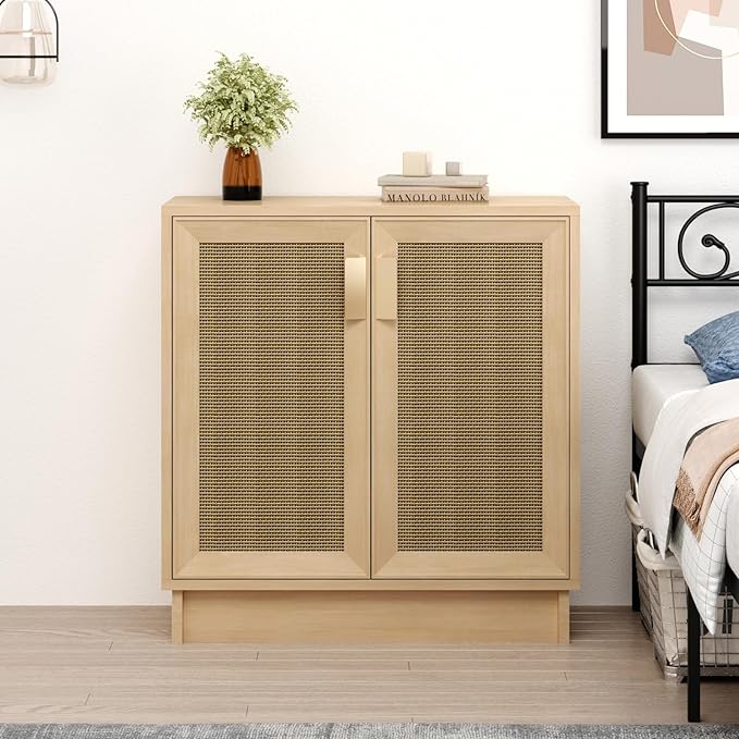 Sideboard Buffets Storage Cabinet, Boho Rattan Accent Cabinet with Doors, Farmhouse Buffet Table Console Table Coffee Bar for Entryway Kitchen Dining Room,Classic Rattan