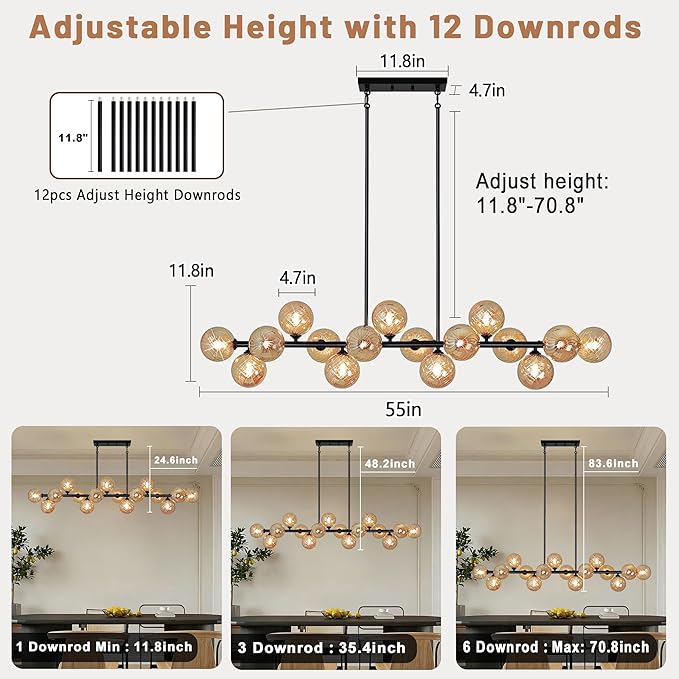 Linear Sputnik Chandelier, 55" Dining Room Light Fixture Modern Chandelier with Amber Swirled Globe 16 Lights Long Chandeliers for Dining Room Kitchen Island Large Chandelier for High Ceilings