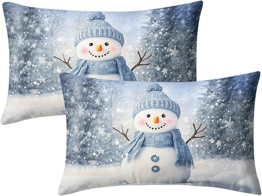 Blue Snowman Lumbar Throw Pillow Covers Winter Pillow Covers 12x20 Snowflakes Pillow Case Double Sided Printing Rectangular Cushion Case for Home Decor Couch Sofa Set of 2