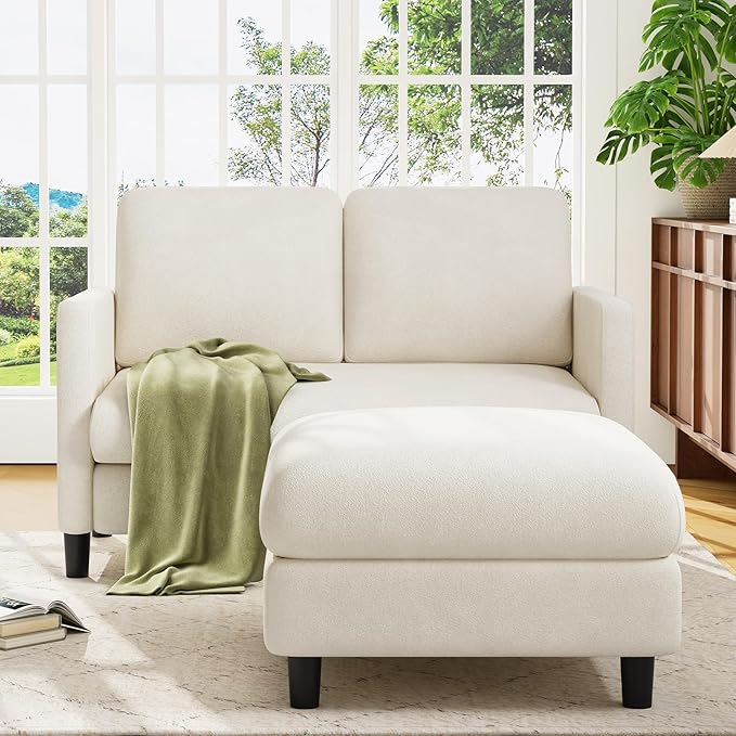 Welzona Loveseat, 51" Small L Shaped Couch, Comfy Teddy Love Seat with Ottoman Set, Tool-Free Setup Loveseat Sofa with Ottoman, All-Wood Small Sofa Couch for Bedroom, Couch for Living Room, Beige