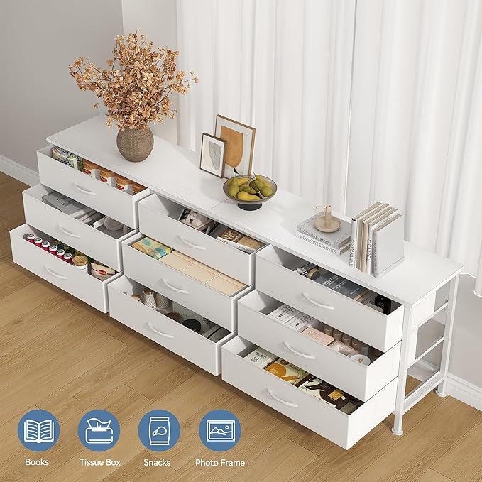DUMOS TV Stands for Living Room Furniture with 9 Fabric Drawers, Long Entertainment Center Up to 75 Inch TV, Media Console Table with Storage for Bedroom, Adjustable Feet, White.