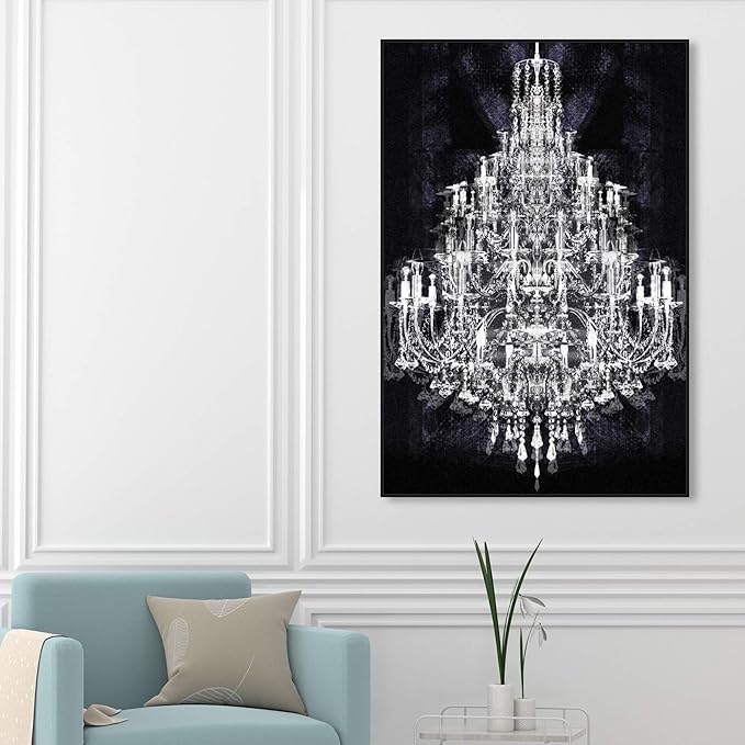 The Oliver Gal Artist Co. Fashion and Glam Framed Wall Art Canvas Prints 'Montecarlo Crystal' Chandeliers Home Décor, 36" x 54", White, Black