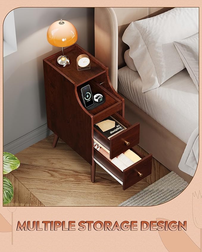 WLIVE Small Nightstand with Drawers, Narrow Bedside Tables with Open Shelf & Cable Hole, Narrow Nightstand for Bedroom, Modern Storage Cabinet for Small Spaces/Living Room, Cherry