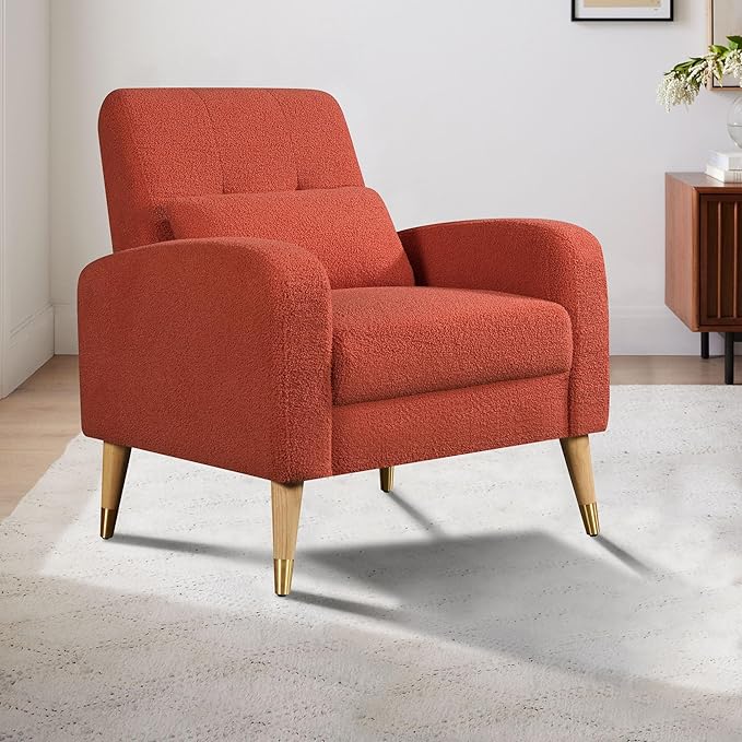Dolonm Mid-Century Modern Accent Chair, Upholstered Armchair Living Room Chair, Comfy Single Sofa Chair with Sturdy Legs for Living Room Bedroom, Red
