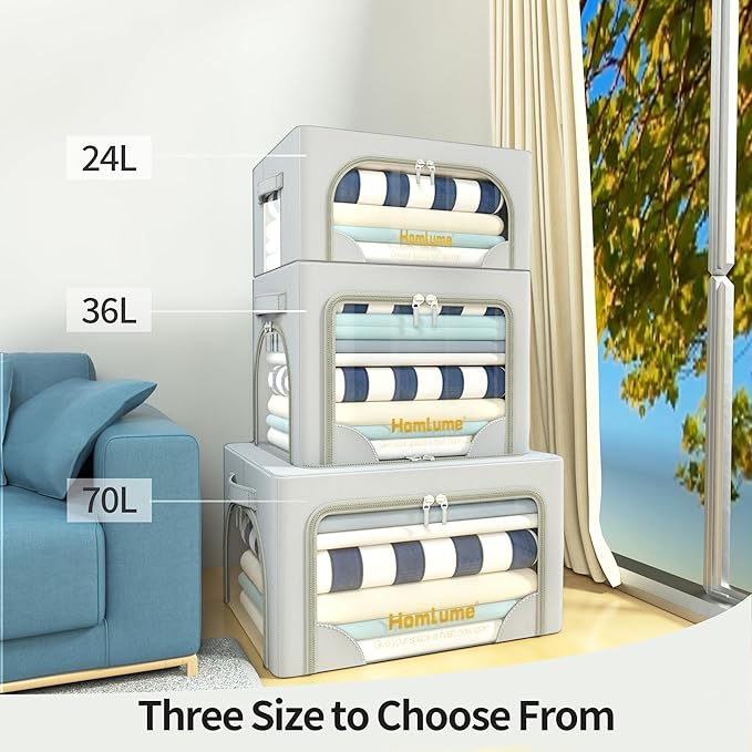3 Packs Storage Boxes for Clothes Collapsible Storage Bins with Cedar Wood Piece, Linen with Metal Supports and Durable Handles Metal Storage box,Clear Window with Zippers (Light Grey,70L)