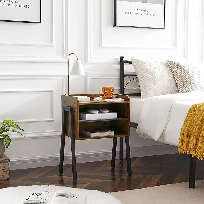 VECELO Nightstand Industrial Side End Table/Stackable Accent Furniture with 2-Tier Open Storage Compartments for Bedroom, Living Room and Small Spaces