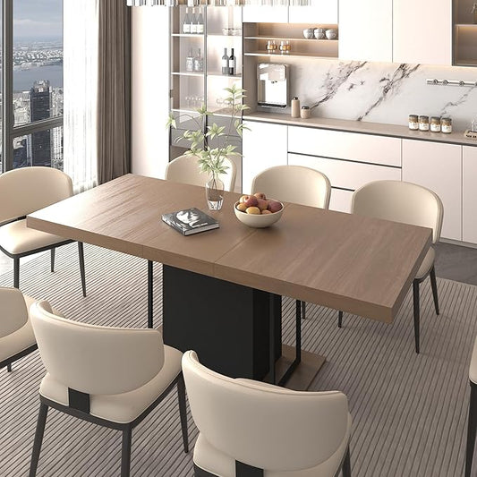 63" - 79" Extendable Dining Room Table, Expandable Kitchen Table for 6 to 10 People, Modern Wood Conference Table, Large Farmhouse Dining Table(Brown & Black)