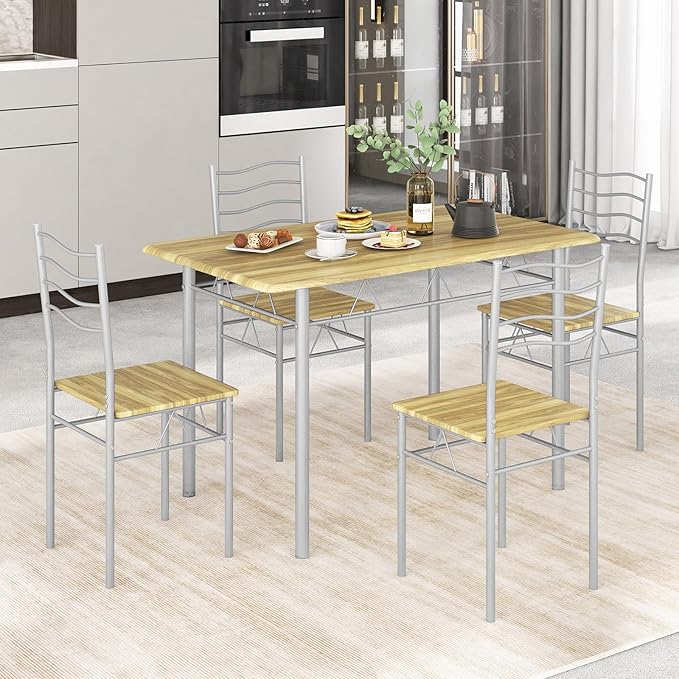 COSTWAY Kitchen Table Chairs Set of 4, 5 Piece Metal Rectangular Dinette Set w/Non-Slip Pad, Space-Saving Design, Modern Dining Room Table Set for Small Place Breakfast Nook Restaurant (Light-Walnut)