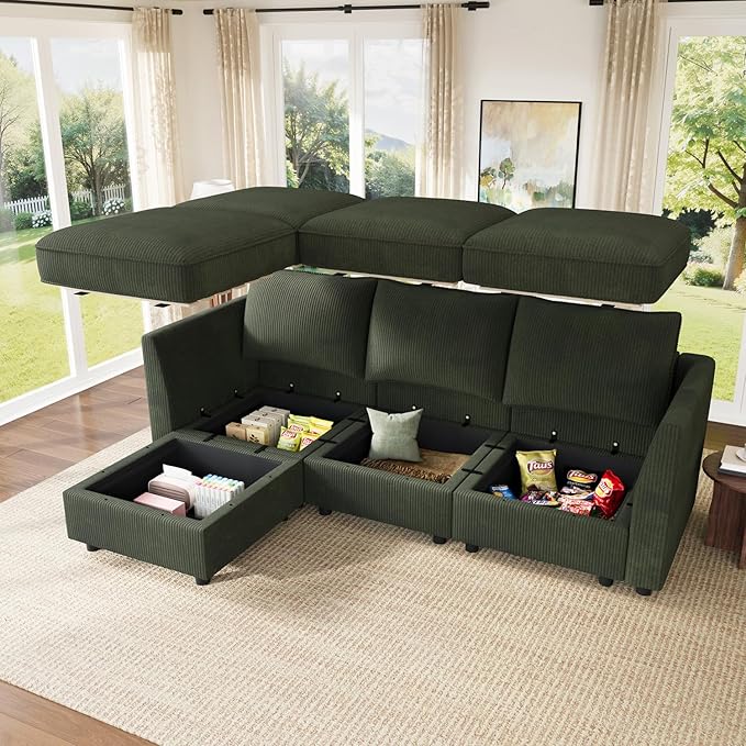 HONBAY Modular Sectional Sofa with Storage L Shaped Sectional Sofa, Convertible Couches for Living Room - Green