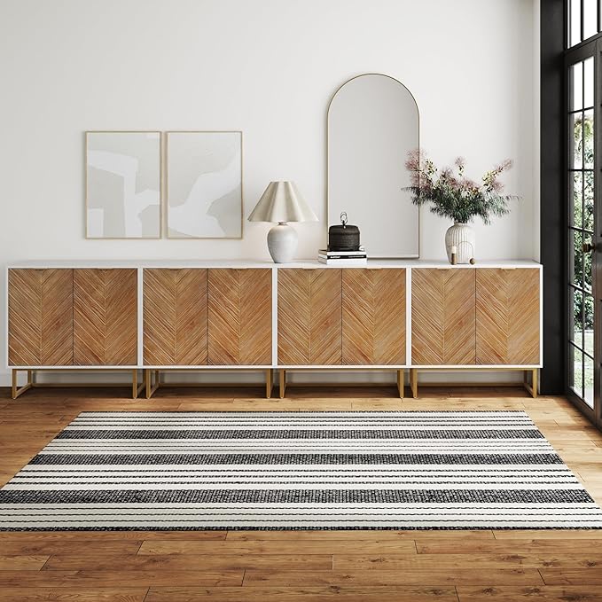 Nathan James Enloe Modern Storage Free Standing Accent Cabinet TV Stand with Doors in a Rustic Pine Wood Finish and Gold Metal Base for Hallway, Entryway or Living Room, Brown/White/Gold, Set of 4