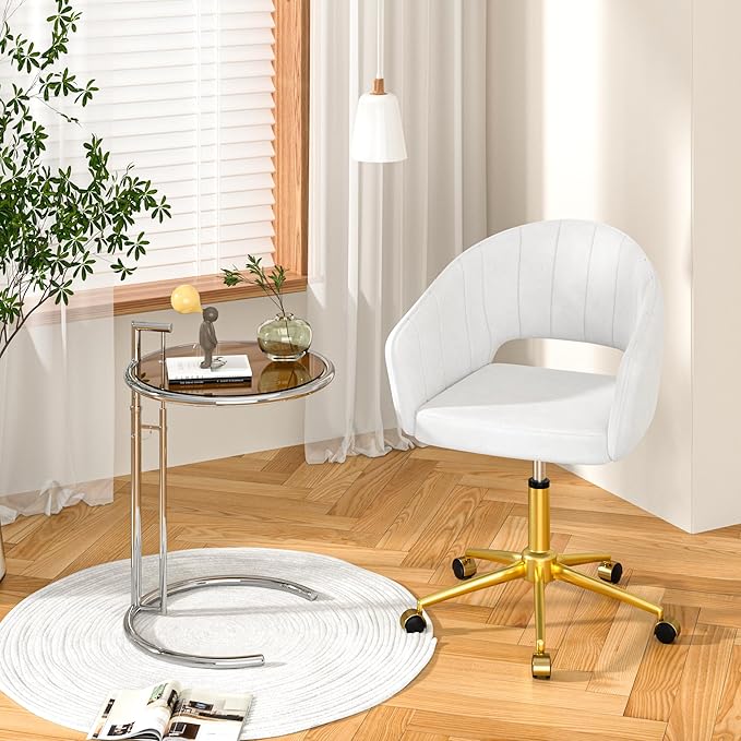 VECELO Velvet Accent Chair Set of 2, Adjustable Luxury Vanity & Dining Chair with Gold Rolling Base, 360°Swivel Upholstered Armchair for Living Room, Bedroom, Home Office, Pearl White